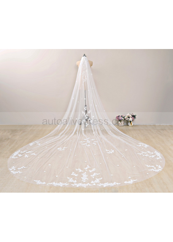Ivory Scattered Lace Long Wedding Veil Royal Cathedral Veil With 3D Flower
